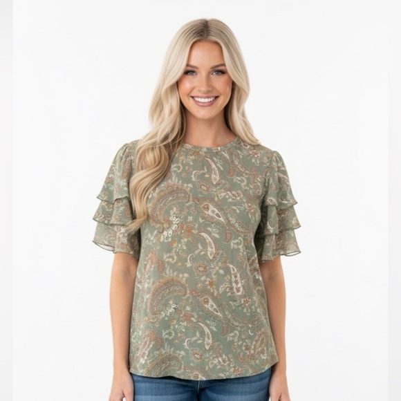 Nanette Lepore green floral top ruffle sleeves size large - Picture 1 of 10